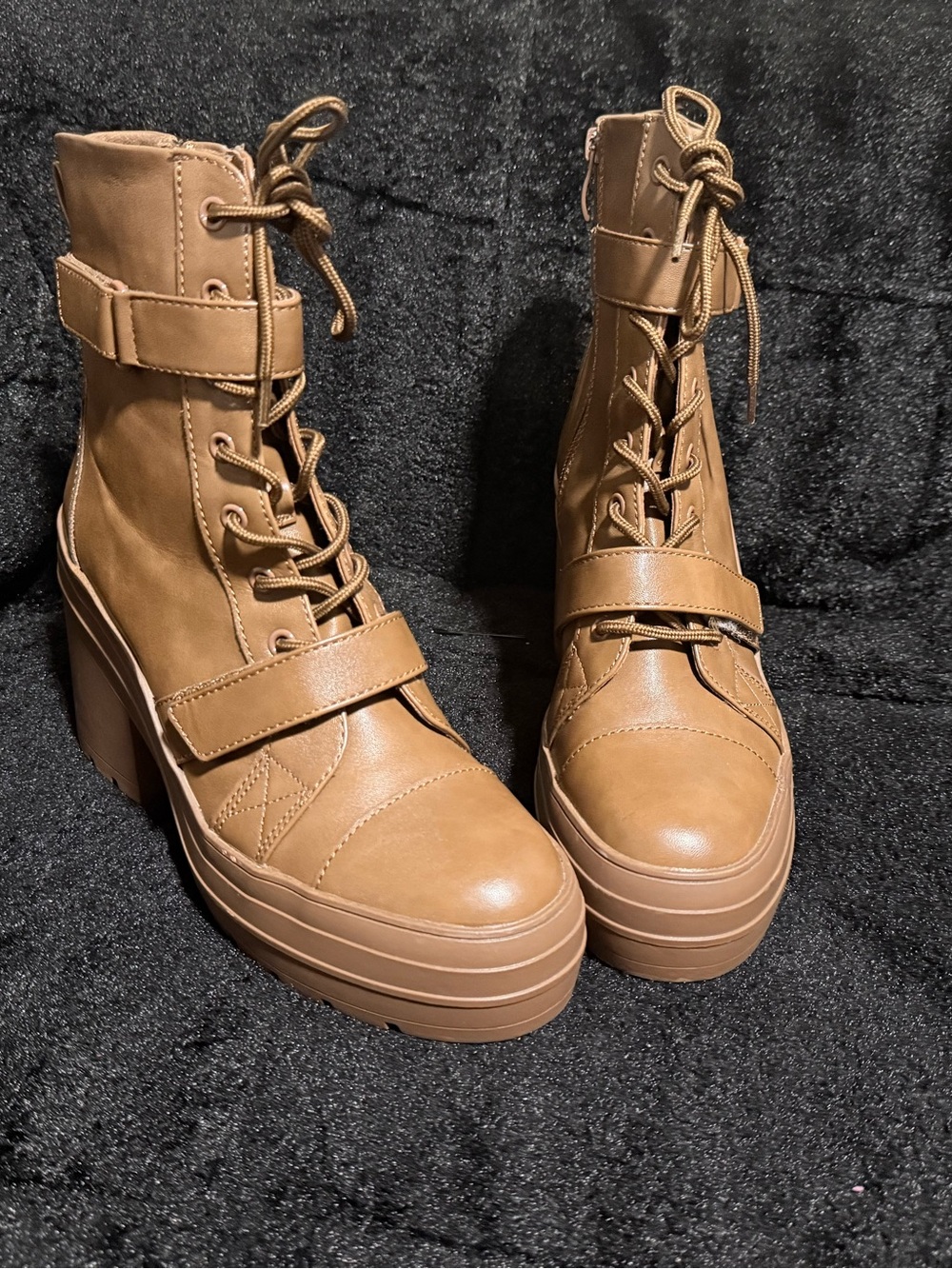 Chunky Lace-Up Tan Platform Ankle Boots with Strap